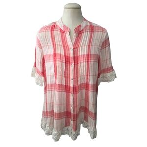 April Cornell Pink Cottage Core Button Down Blouse Tunic Ruffled Gingham Medium